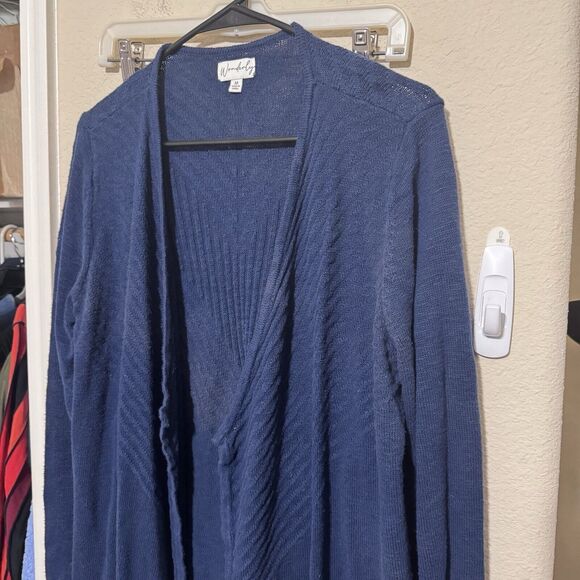 Wonderly Navy Blue Cardigan Sz M sweater open Longline Duster Cotton - Picture 2 of 8